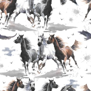 Hand drawn watercolor illustration. Cute cartoon. Seamless pattern. Horses white and dark brown, eagle. Mustang wild Arabian.  White background. Pastel color. For cloth, linen and other texture.