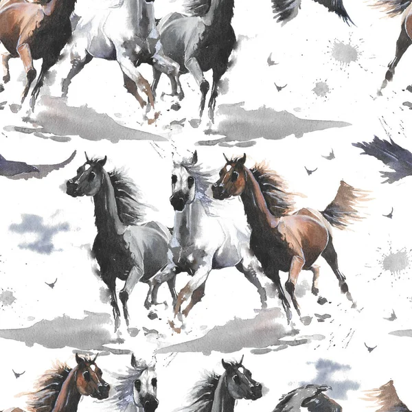 Hand Drawn Watercolor Illustration Cute Cartoon Seamless Pattern Horses White — 스톡 사진