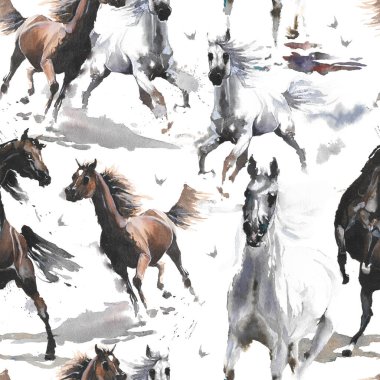 El çizimi suluboya çizimi. Güzel karikatür. Kusursuz desen. Atlar beyaz ve koyu kahverengi. Vahşi Arap Mustang 'i. Beyaz arka plan. Pastel renk. Kumaş, keten ve diğer dokular için..