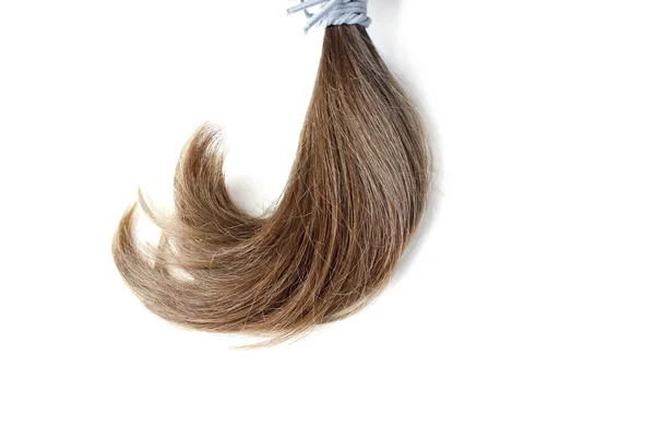 Нитка світло-коричневого волосся крупним планом, ізольована на білому тлі — стокове фото