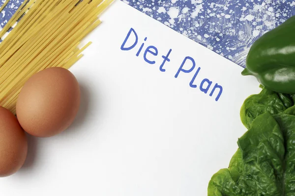 Felirat diéta terv a fehér lemez és az egészséges táplálkozás. Megtekintés felülről — Stock Fotó