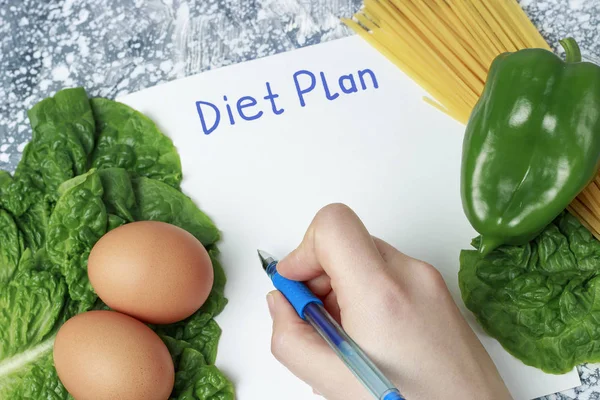 Felirat diéta terv a fehér lemez és az egészséges táplálkozás, kézírást. Megtekintés felülről — Stock Fotó