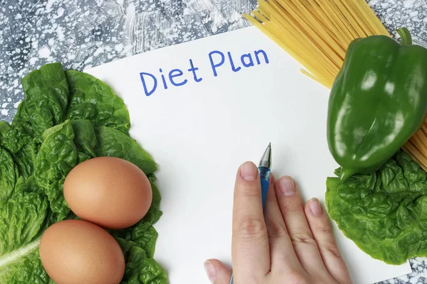 Felirat diéta terv a fehér lemez és az egészséges táplálkozás, kézírást. Megtekintés felülről — Stock Fotó