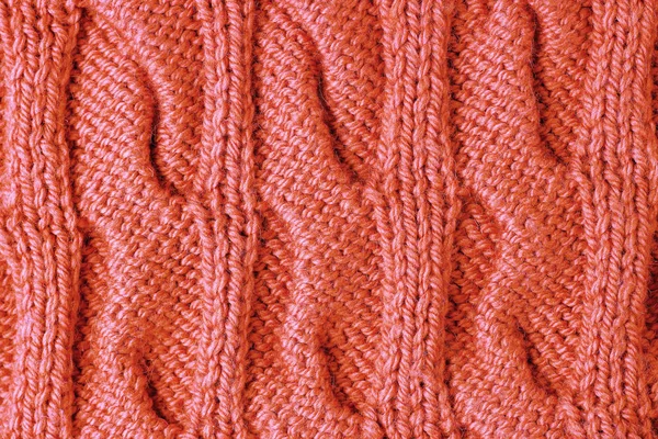 Knitted pattern trend color living coral close-up, background, texture — Stock Photo, Image