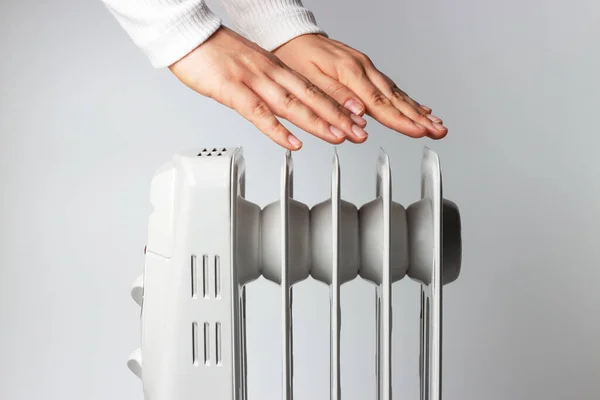 Female Hands Warm Heater White Background — Stock Photo, Image