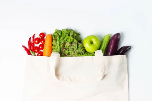 Barevná Zelenina Ovoce Plátěné Tašce Bílém Pozadí Stock Snímky