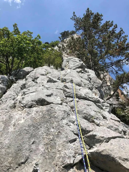 a rock is ready for climbing on it at summer