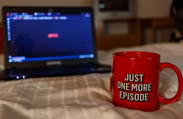 Watching Series Cup Tea Inscription Just One More Episode Millennial — Stock Photo, Image