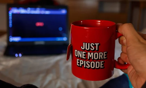 Man Watching Series While Holding Cup Tea Streaming Inspired Inscription — Stock Photo, Image