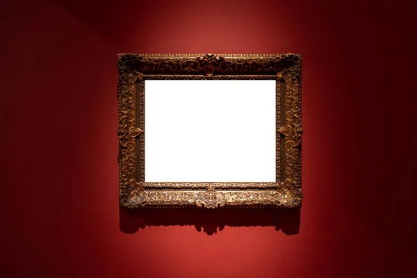Lege Opknoping Afzonderlijk Frame Een Kunstgalerij Met Rode Muur Stockfoto