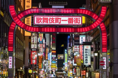 Tokyo, Japonya - 16 Şubat 2018: Arch Kabukicho eğlence ve kırmızı ışık bölge gece ana girişinde
