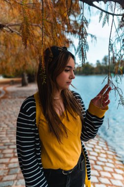 Sonbahar parkında göl kenarında asılı bir yaprağa dokunan genç bir kadının dikey görüntüsü.