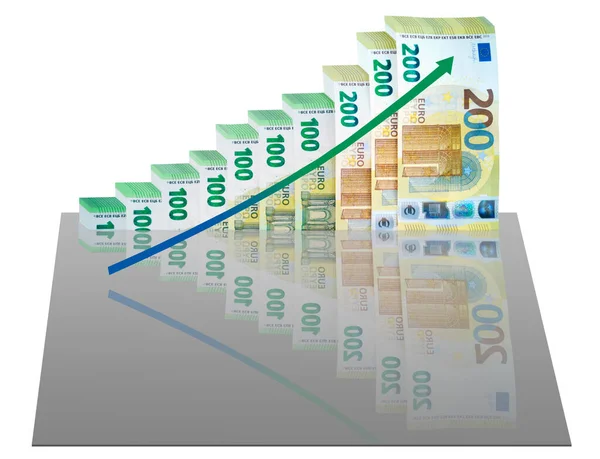 Papírpénz 100 200 Eurós Kötegek Jövedelemként Emelkedő Létraként Nyereségnövekedési Grafikon — Stock Fotó