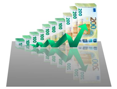 Kağıt para, 100 ve 200 avroluk banknotlar, gelir olarak yükselen merdiven, beyaz üzerinde yeşil eğilim oku olan kar büyüme grafiği. İş kavramı, yatırım başarısı. Finansal analitik