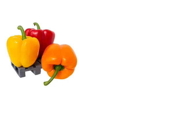 Nahaufnahme Von Drei Frischen Paprika Steht Auf Grauen Mini Palette — Stockfoto