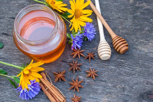 Honey Jar Honey Spoon Vintage Wooden Background — Stock Photo, Image