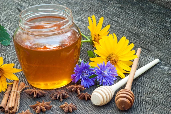 Honey Jar Honey Spoon Vintage Wooden Background — Stock Photo, Image