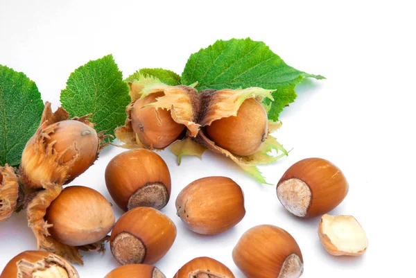 Hasselnötter Med Blad Isolerade Vit Bakgrund — Stockfoto