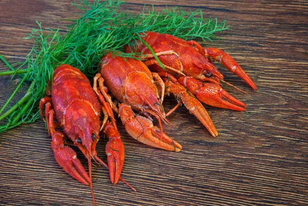 Boiled crayfish with dill on wooden background — Stock Photo, Image