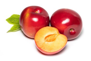 Erik yapraklı erik meyvesi beyaz arka planda izole edilmiş..