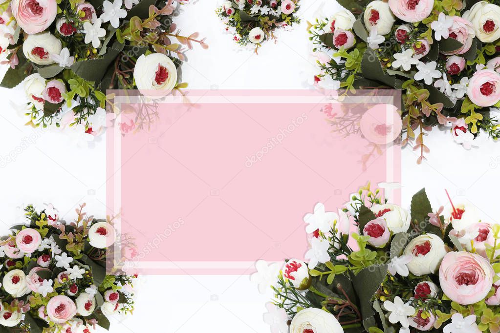 Festive flower composition with greeting card on the white  background. Overhead view - Image