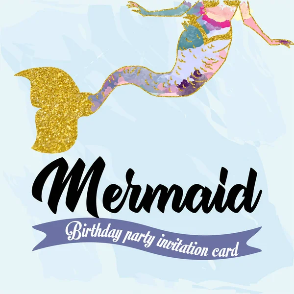Küçük kız denizkızı için doğum günü partisi davetiye kartı. Altın glitter elemanı ile Denizkızı kuyruk.