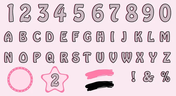 Sevimli polka nokta 3d İngilizce alfabe harfleri ve sayı seti. Vektör Lol girly bebek sürpriz tarzı. Sıcak pembe gölge ile Mutlu yıllar afiş metin. 
