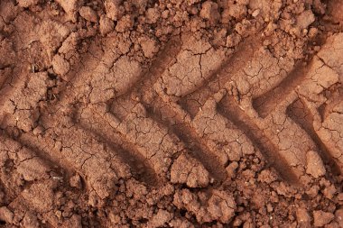 Kahverengi toprak traktör tekerlekli izleri.