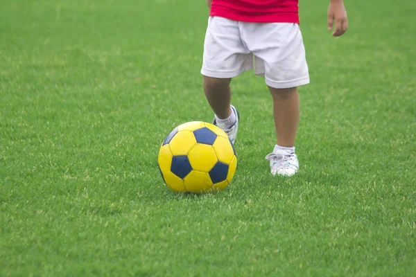 Legs of kids are kicking football.