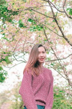 Women standing under the trees that bloom pink, beautiful in winter.