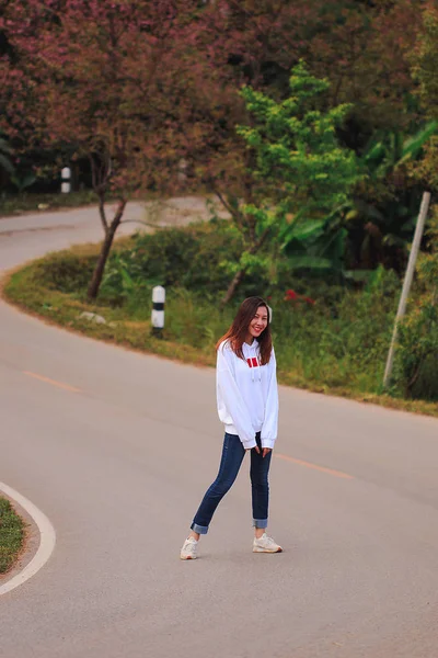 Woman Standing Curved Road — 스톡 사진