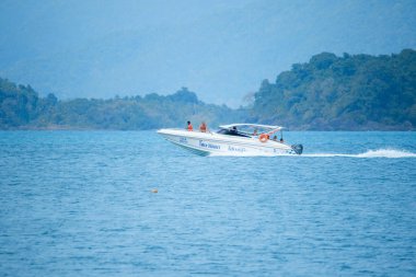 Denizde beyaz sürat teknesi hızda çalışır.
