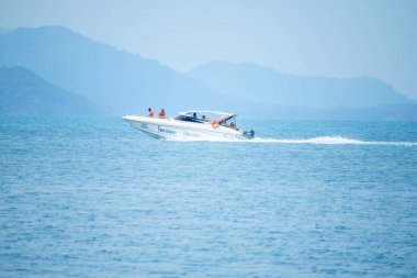 Denizde beyaz sürat teknesi hızda çalışır.