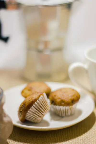 Banana Cake Placed Dish Mokapot — Stock Photo, Image