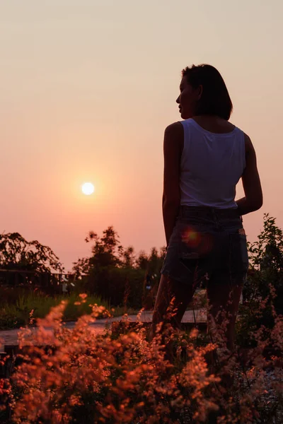 Parte Trás Mulher Pôr Sol — Fotografia de Stock