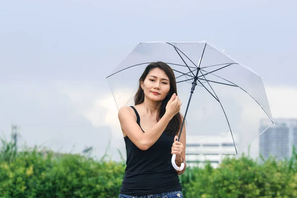 Women Walking Umbrella Path Park — Stock Photo, Image