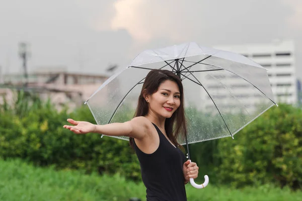 Women Walking Umbrella Path Park — Stock Photo, Image