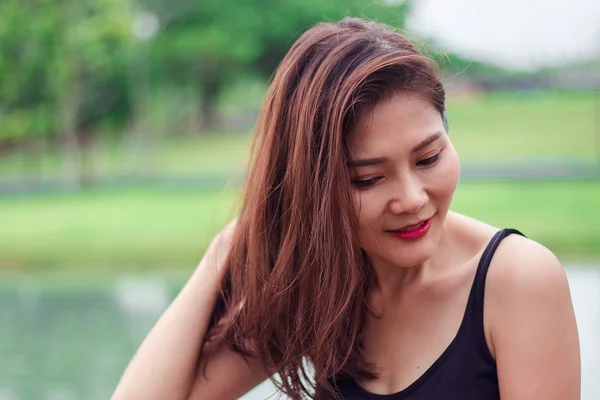 Woman Holding Her Hair Smiling Pleasure — Stock Photo, Image