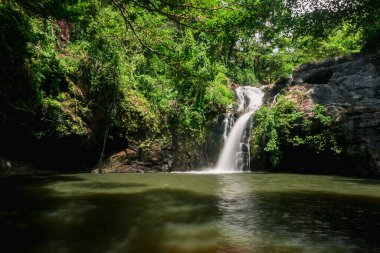 Ormanda bir şelale, kayaların arasından aşağı doğru akan doğal bir su akıntısı, bir nem yaratıyor. Tayland ormanında.