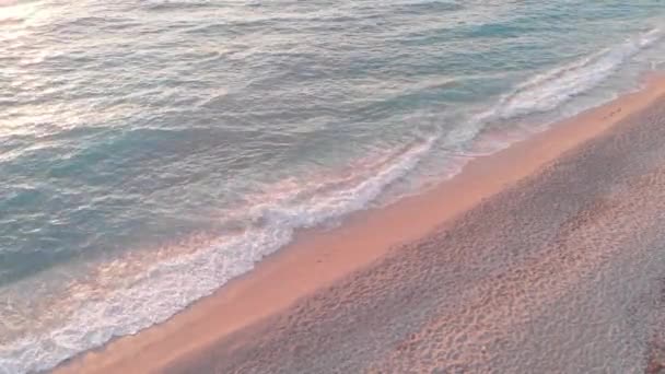 Aerial Drone Footage Waves Breaking Beach Sunset — Stock Video