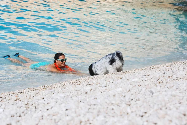 Güzel Kadın Ile Onun Tibet Terrier Köpek Sahilde — Stok fotoğraf