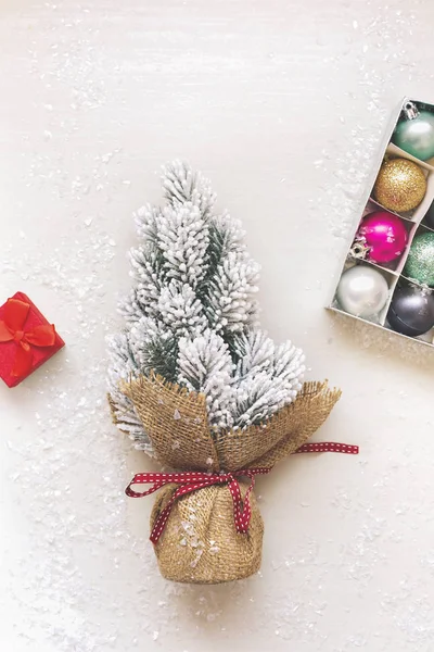 Cadre Noël Boule Cadeaux Sapin Sur Fond Fête Vue Dessus — Photo