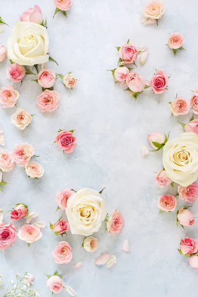 Various Roses Petals Buds Light Blue Textured Background Women Day — Stock Photo, Image