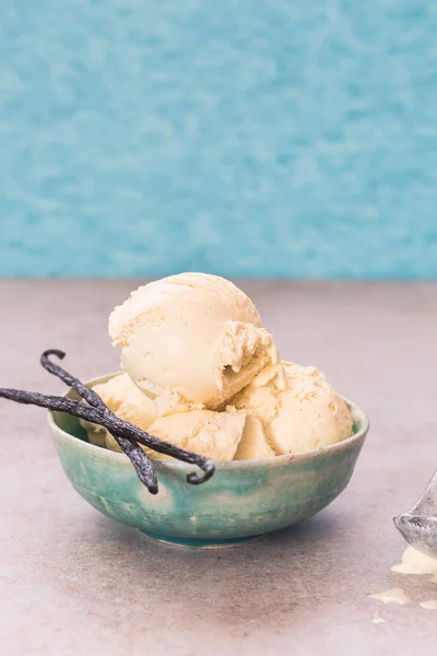 Helado Vainilla Tazón Rústico Cerámica Enfoque Selectivo Espacio Blanco —  Fotos de Stock