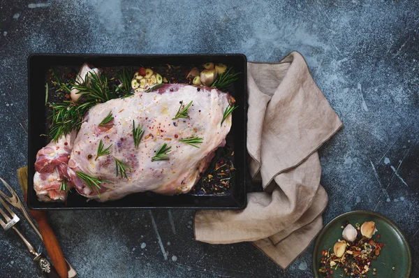 Leg Lamb Spices Rosemary Roasting Traditional Easter Christmas Meal Top — Stock Photo, Image