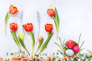 Paskalya yumurta, Lale ve sümbül boyalı yüzeyi gibi Paskalya çiçek arka plan bahar. Üstten Görünüm, boş yer