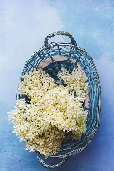 Freshly Picked Elderflowers Basket Rustic Table Top View Blank Space — Stock Photo, Image