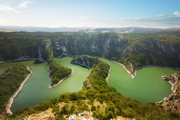 セルビア ウヴァック川の蛇行 ウヴァック川渓谷のメアンダーの美しい夏のトップビュー セルビア — ストック写真