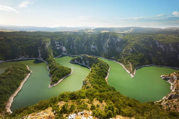 Meanders Uvac River Sérvia Linda Vista Superior Verão Desfiladeiro Rio — Fotografia de Stock