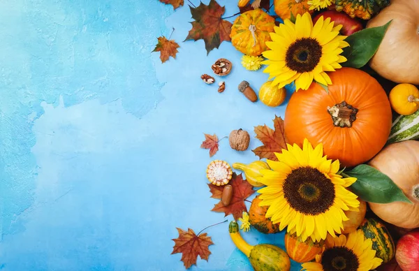 秋天的水果和蔬菜与金黄色的向日葵 静物画 可用于感恩节的概念 万圣节或秋天的收获 乡村背景 — 图库照片